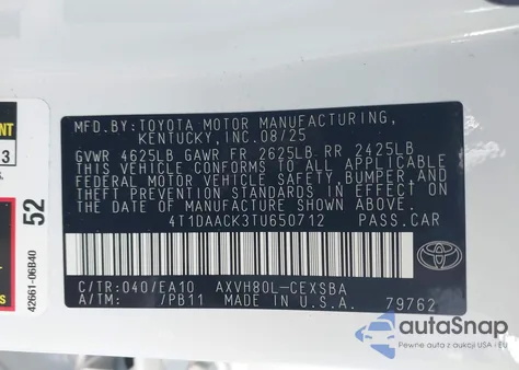 2026 Toyota Camry Se from USA, damaged, VIN 4T1DAACK3TU650712